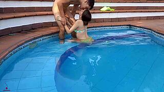 Latina step-sister fucked hard in pool