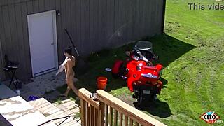 Watch Cleo mount that tractor and dildo for an intense outdoor orgasm!