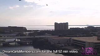 Two hot coeds with natural tits riding around florida town flashing their shaved pussies