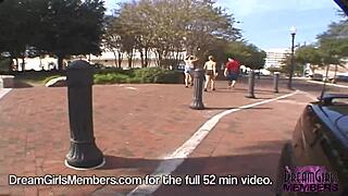 Two hot coeds with natural tits riding around florida town flashing their shaved pussies