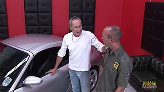 Luxurious car ignites foursome with fake-boobed milfs