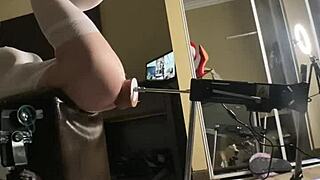 Shemale in tight bodysuit drilled by massive dildo