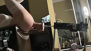 Shemale in tight bodysuit drilled by massive dildo