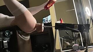 Shemale in tight bodysuit drilled by massive dildo