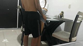 Horny brunette with big ass gives intense morning blowjob and handjob