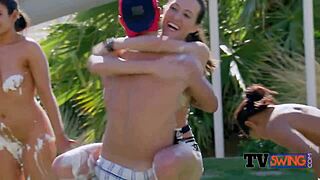 American amateur couples engage in steamy foreplay before party, hosing each other down 😈