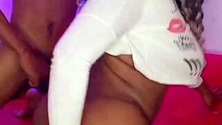 Ebony wife in panties gives blowjob and handjob to husband before doggystyle fucking and spanking her big tits.