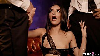 Petite Young Woman In Stockings And Lingerie Deepthroats Two Horny Men In Threesome