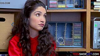 The tiny latina thief with big tits got caught by the mall cop and sucked his big cock.