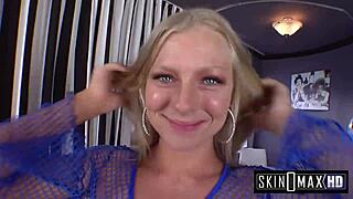 blue eyed beauty feels intense pleasure during blowjob and cowgirl ride, her natural tits bouncing wildly.