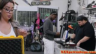 That pawnshop chick with glasses bends over for a doggystyle fuck