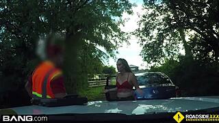 Cheating brunette girlfriend sucks mechanic's cock outdoors by the car.
