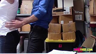 Raven's getting her mouth stuffed with the horny officer's big fat cock right at the office desk