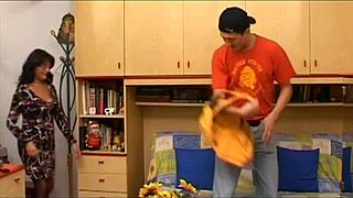 In perverse family, brunette teen gives blowjob before hardcore fucking after dinner