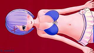 Rem lounges in bikini and high socks in bedroom.