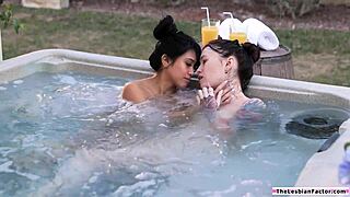 A brunette lesbian facesits her Asian girlfriend, engaging in tribbing and oral play.