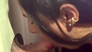 Prostitute sucking multiple cocks in front of cuckold during rough session.