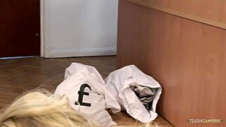 Security guard meets busty woman on the couch.