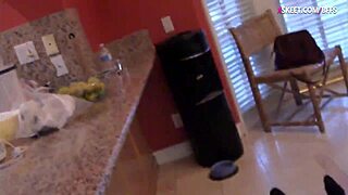 Sweet babes sharing a dick in the kitchen