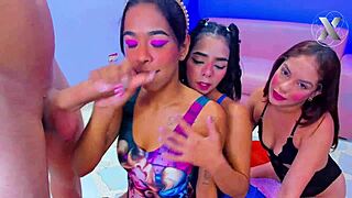 three horny sluts fuck classmate deepthroat!!