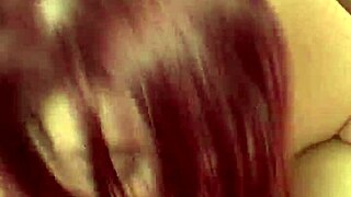 Chubby white girl gives long blowjob to fat guy in detailed action.