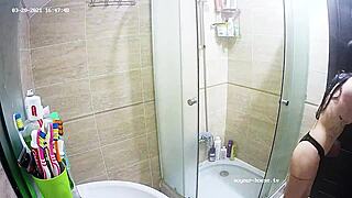 real beauty babe in the shower, shaving and brushing teeth, nude and alone