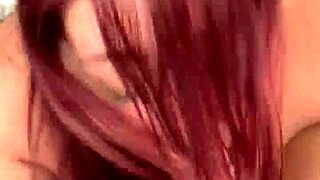 Chubby white girl gives long blowjob to fat guy in detailed action.