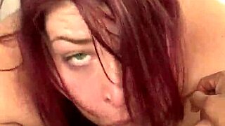 Chubby white girl gives long blowjob to fat guy in detailed action.