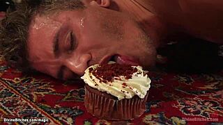 The blonde mistress is pegging the sweaty man in bondage