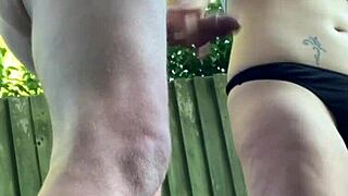 Naughty neighbors giving outdoor handjob with huge cumshot