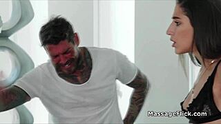 Oiled masseuse gags on handyman's cock during deepthroat blowjob after massage