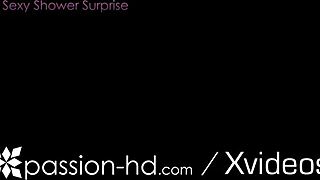 Blonde in shower gets POUNDED by monster cock.