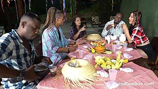 brazilian milf bent over takin two big black cocks... interracial 3some wow.