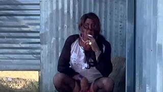 staci in heels and fishnets takes a piss outdoors