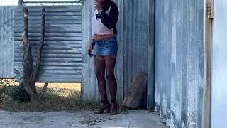 staci in heels and fishnets takes a piss outdoors