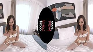 Brunette babe in virtual taboo world shows big tits and shaved pussy.