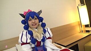 Cute cosplayer soaks in hentai fun.
