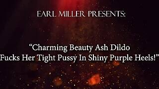 Charming brunette beauty poses and dances in shiny purple heels