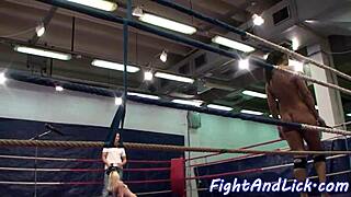 Muscular European Lesbians Wrestle in Boxing Ring