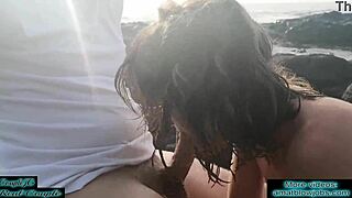 risky public blowjob on the beach near people