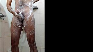 dude jerks off in the shower and shoots his load