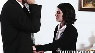 student in uniform gets bent over for blowjob