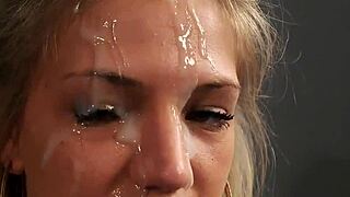 Horny beauty enjoys facial cumshot and eats jism