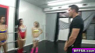 Hot chicks suck the director's big cock in group