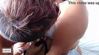 Teen Brunette Sucks Huge Natural Tits In Bedroom