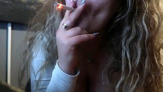 Practicing blowjob on dildo while smoking, teen babe nails it with natural tits