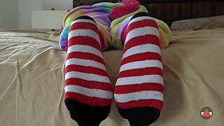 ASIAN COSPLAYER RIPS SOCKS IN STRIPTEASE FETISH.