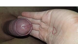 The blonde milf wife collects cum after licking and swallowing in homemade handjob.