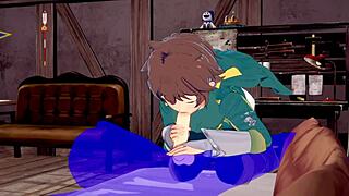 Konosuba yaoi features Kazuma in intense cosplay handjob scene.