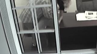Blonde gets doggystyled hard and deep in the office, spied on by friend.